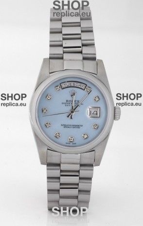 Rolex Day Date Silver Swiss Replica Watch in Mother Of Pearl Blue Dial