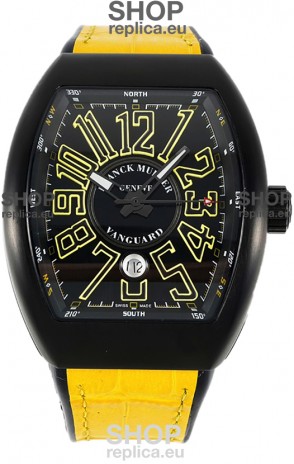 Franck Muller Vanguard in DLC Coated Casing Black Dial Swiss Replica Yellow Strap 