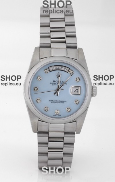 Rolex Day Date Silver Swiss Replica Watch in Mother Of Pearl Blue Dial