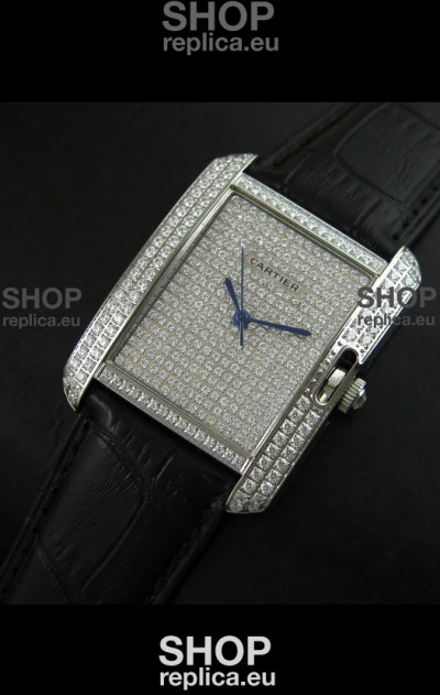 Cartier Tank Anglaise Ladies Replica Watch in Steel/Black Strap