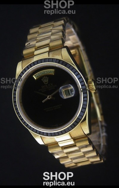 Rolex Day Date Just swiss Replica Yellow Gold Watch in Black Dial