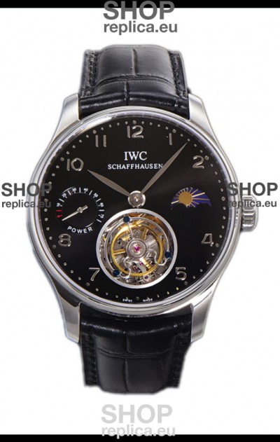 IWC Portugese Hand-Wound Genuine Tourbillon Black Dial Steel Casing Swiss Replica Watch 