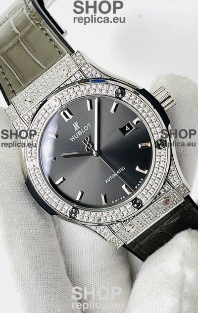 Hublot Classic Fusion Stainless Steel Diamonds Grey Dial Swiss Replica Watch 1:1 Mirror Quality 
