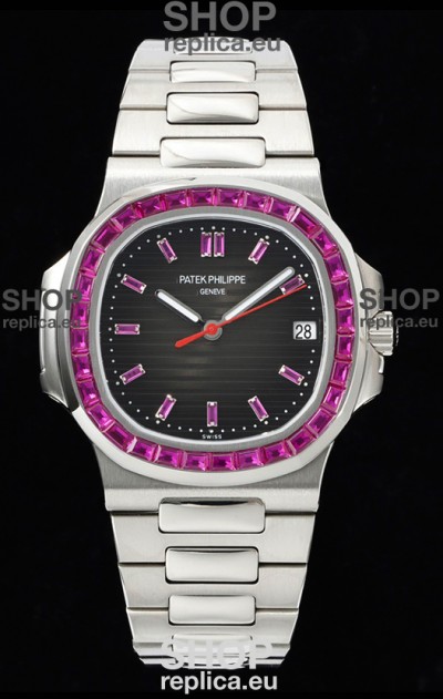 Patek Philippe Nautilus 5711 Black Dial 1:1 Mirror Replica in 904L Steel with Rubies Bezel