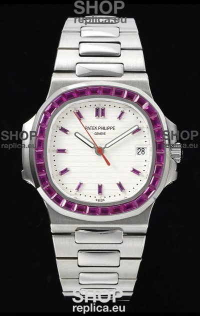 Patek Philippe Nautilus 5711 White Dial 1:1 Mirror Replica in 904L Steel with Rubies Bezel