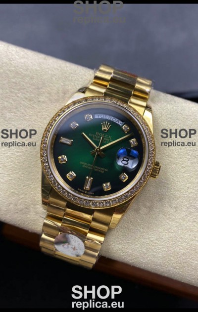 Rolex Day Date Super Clone Yellow Gold Green Dial Diamonds Numerals Watch 36MM - 1:1 Mirror Quality