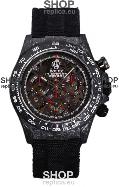Rolex Daytona DiW Skeleton Carbon Edition Watch - Forged Carbon Casing Black Strap 1:1 Mirror Replica