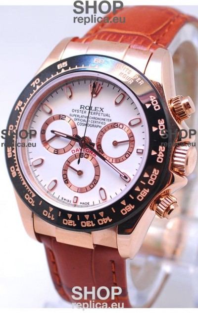 Rolex Daytona MonoBloc Cerachrom Bezel Swiss Replica Rose Gold Plated Watch in Brown Strap
